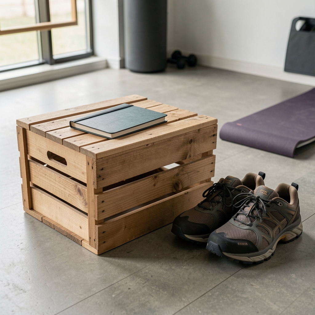 Wooden crate and notebook arranged in a calm training space beside a pair of walking shoes