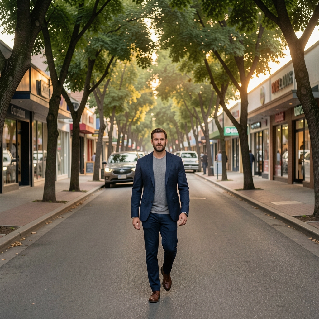 Adult man walking through a shaded Central Jakarta street lined with trees and low-rise shops at dawn