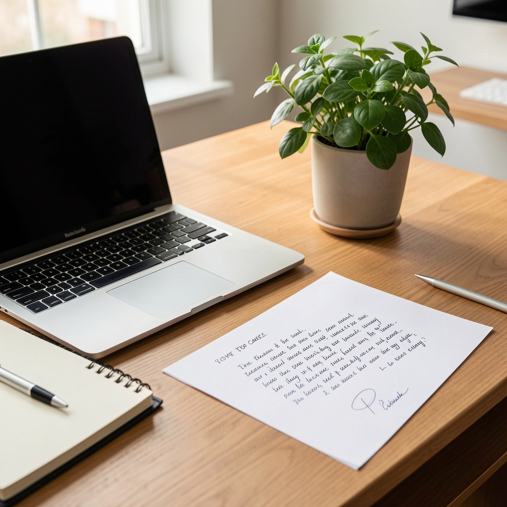 Calm editorial workspace with laptop, notebook, green plant and a handwritten letter ready to send