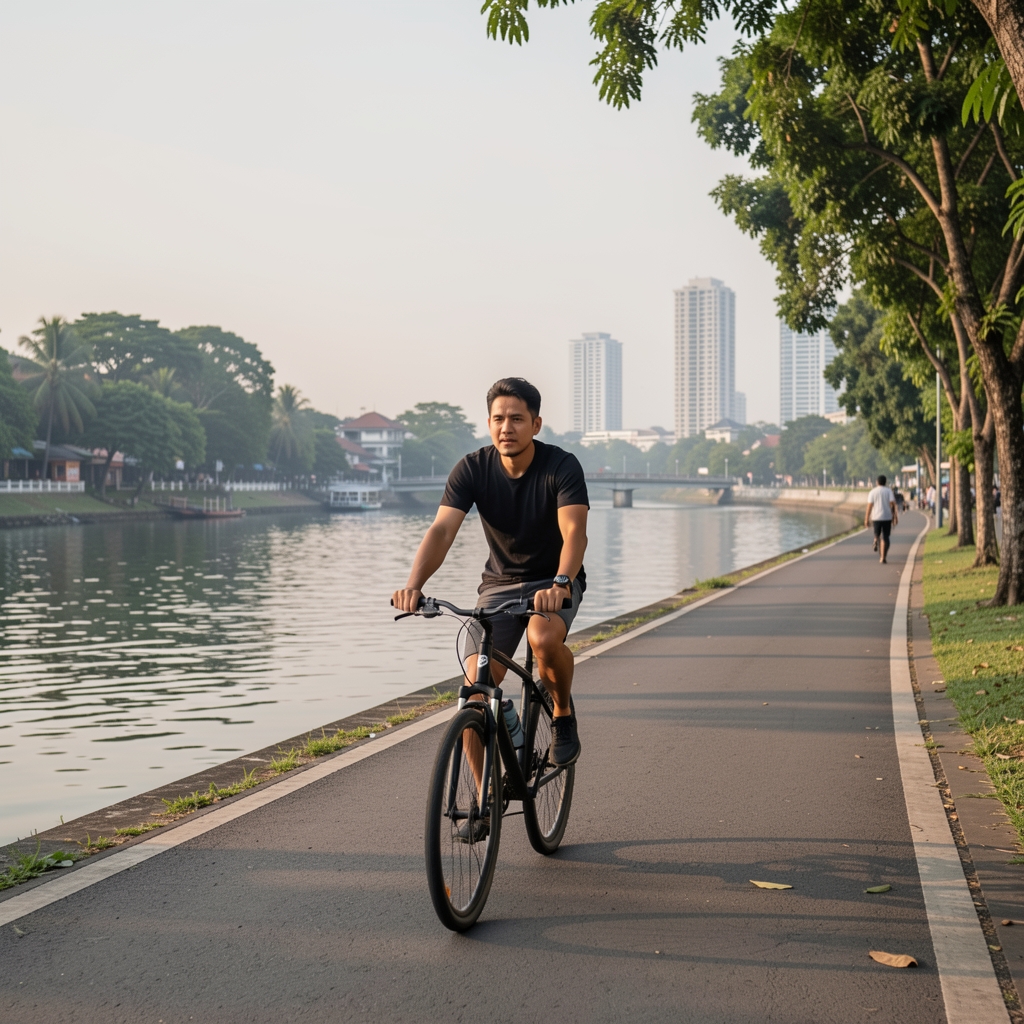 Adult man cycling along a calm Jakarta riverside path in early light with trees and distant buildings