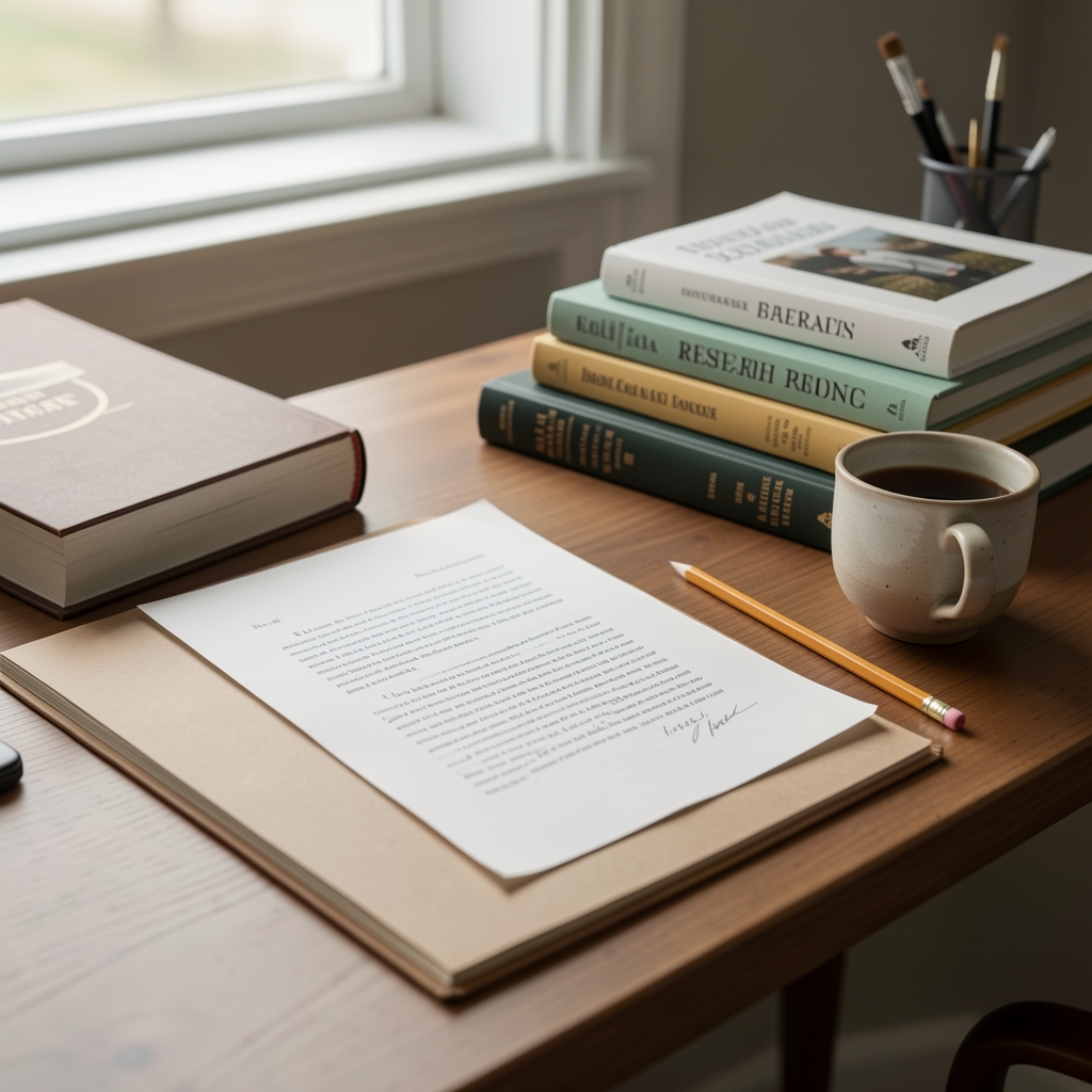 Editorial desk with marked manuscript, research books, pencil and ceramic cup in soft daylight