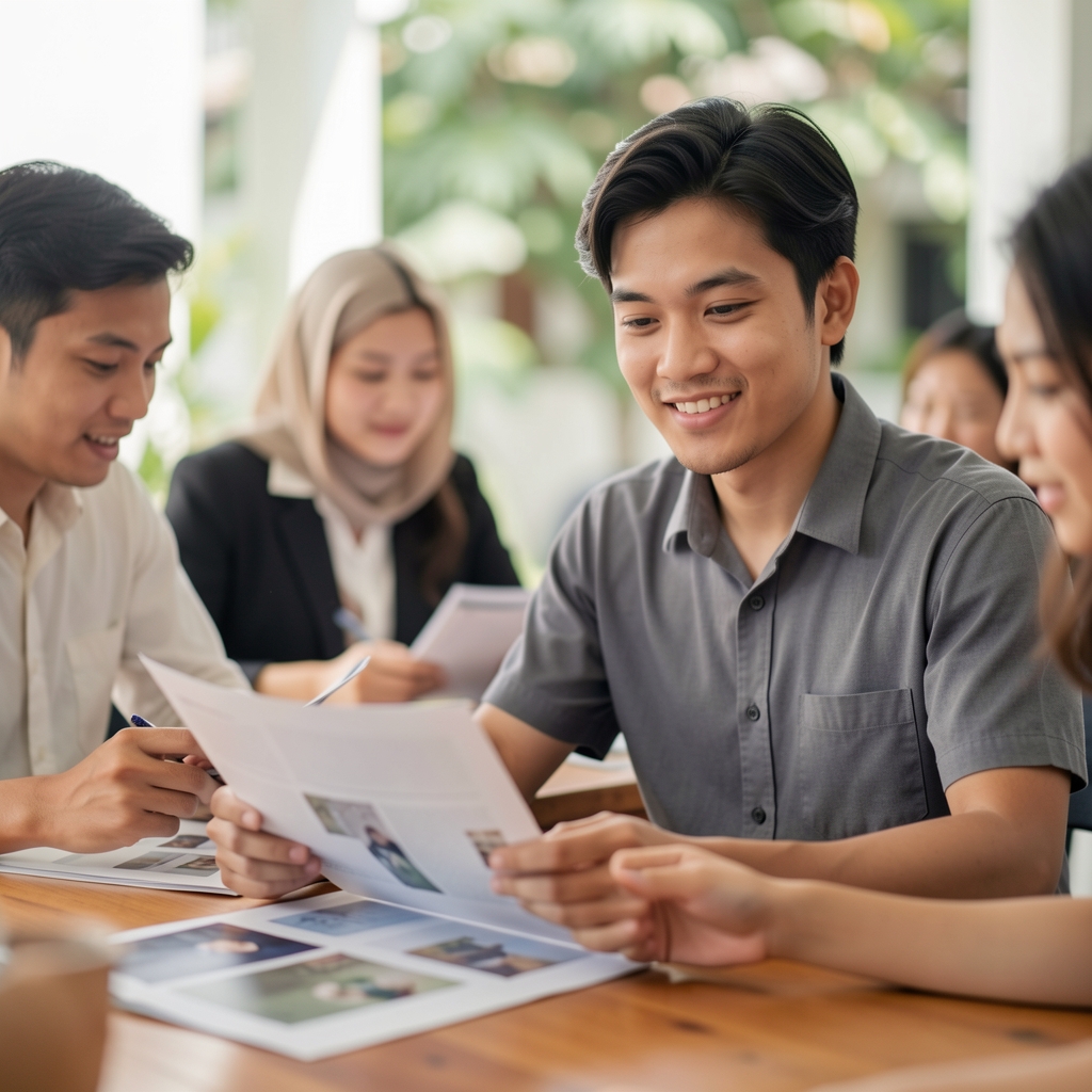 Small editorial team reviewing printed pages around a wooden table in a bright Jakarta studio