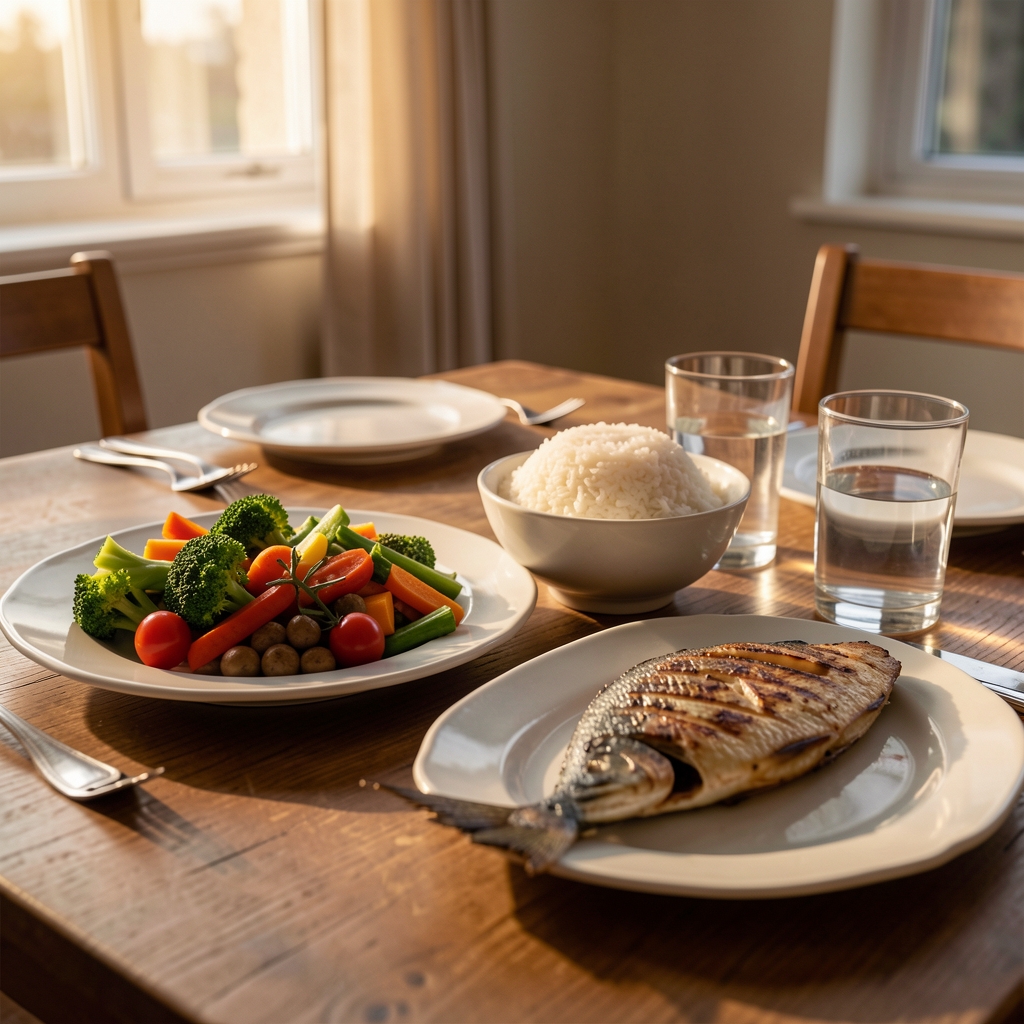 Simple Indonesian dinner table with vegetables, rice, grilled fish and two glasses of water in warm evening light