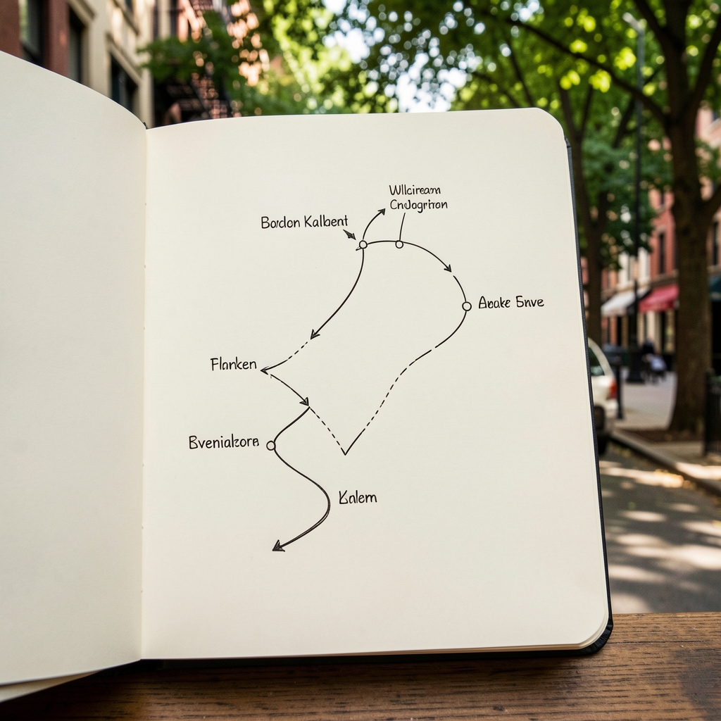 Hand-drawn walking route in a notebook with a leafy street visible beyond it