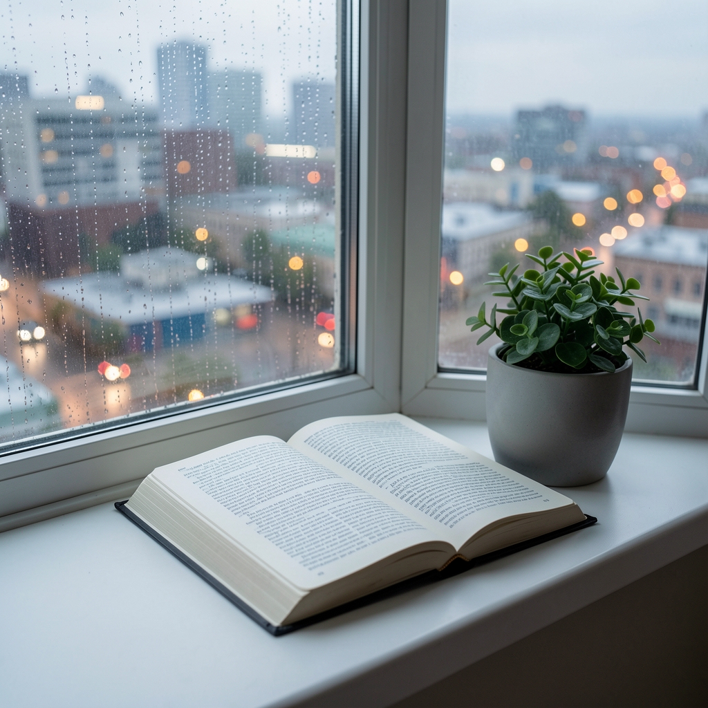 Open journal on a windowsill with rain-softened city light and a small green plant