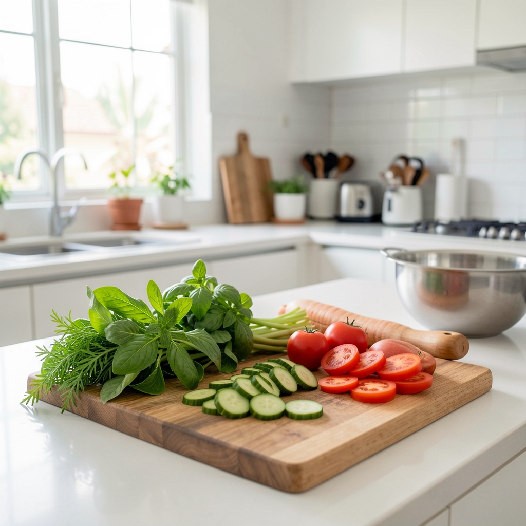 Fresh herbs, sliced vegetables and a wooden cutting board arranged in a bright Jakarta kitchen