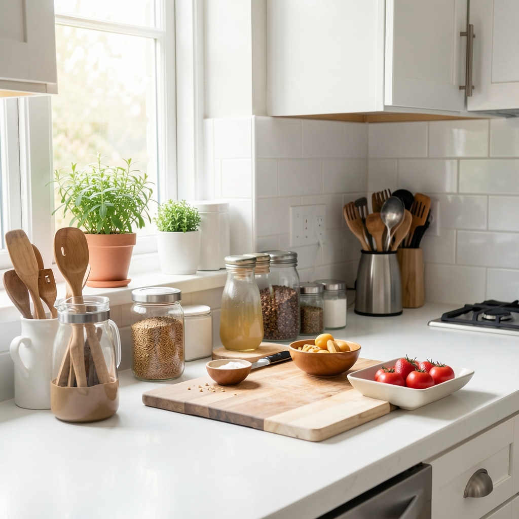 Bright kitchen workspace with commonly used objects arranged within easy reach