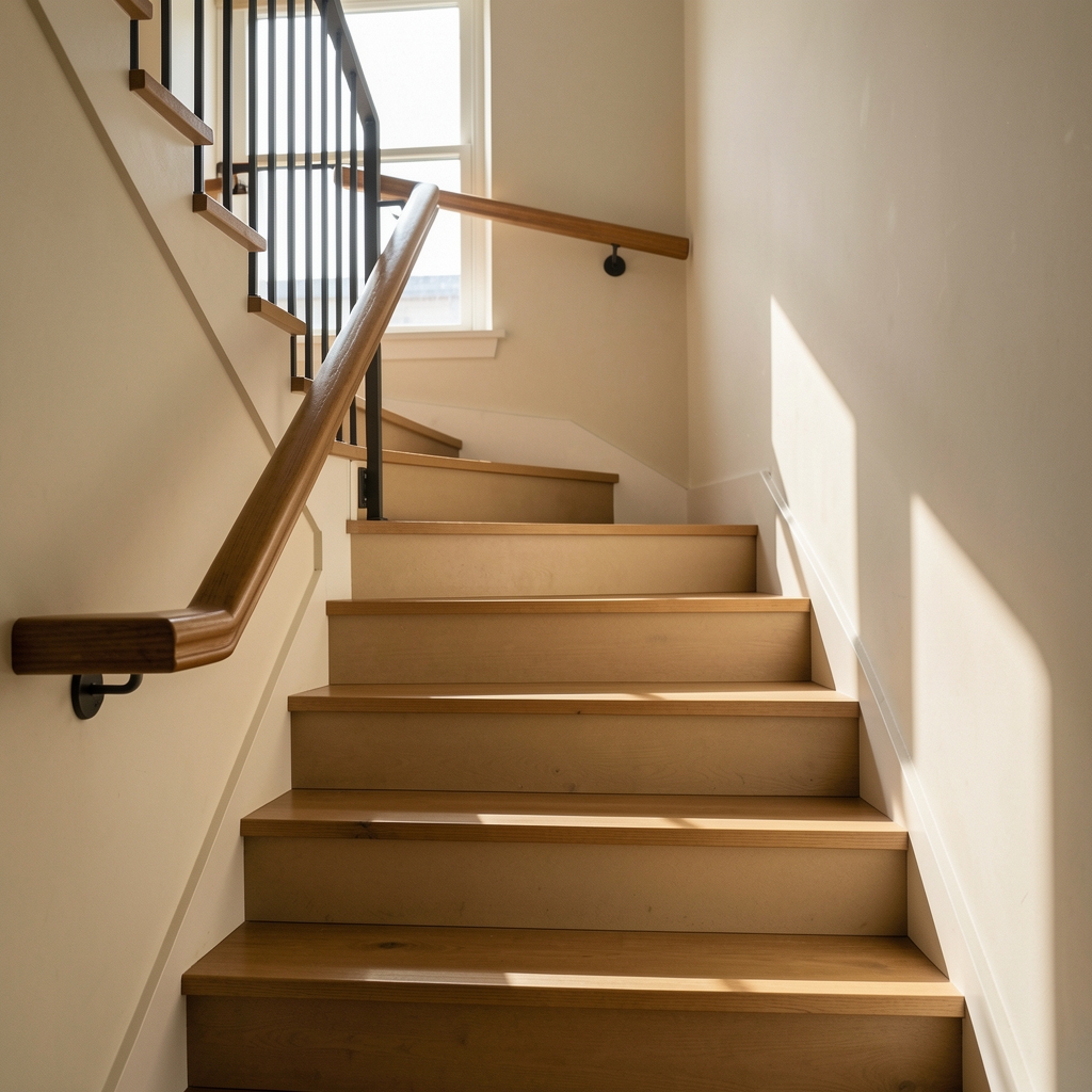 Sunlit apartment stairs with a sturdy handrail and clear landing