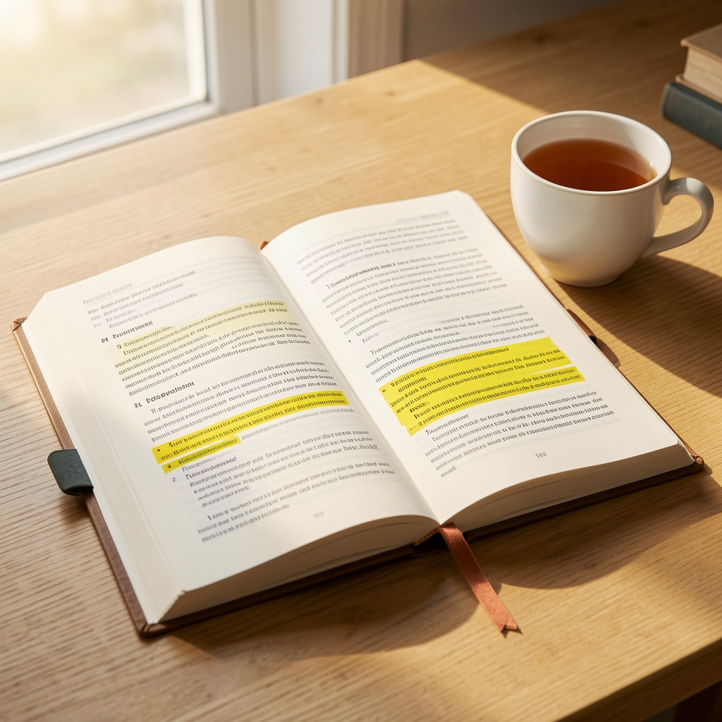Open practical guide with highlighted passages and a cloth bookmark beside a cup of tea in morning light