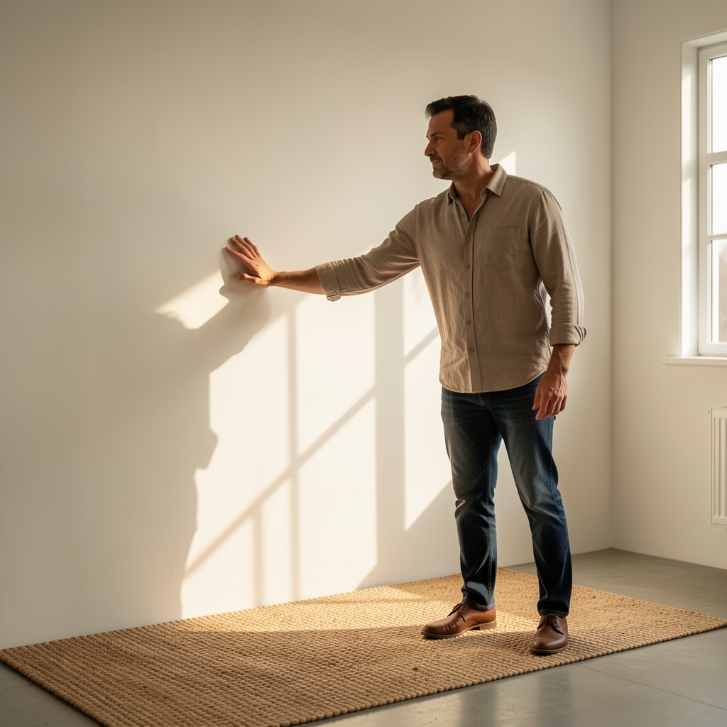 Adult man reaching gently toward a sunlit wall in a calm studio with a woven mat on the floor