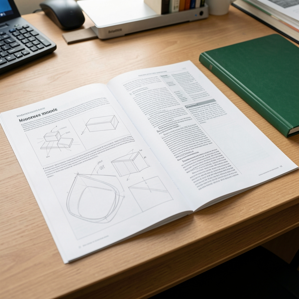 Printed magazine proof pages with careful pencil marks and a green notebook on an editor’s table