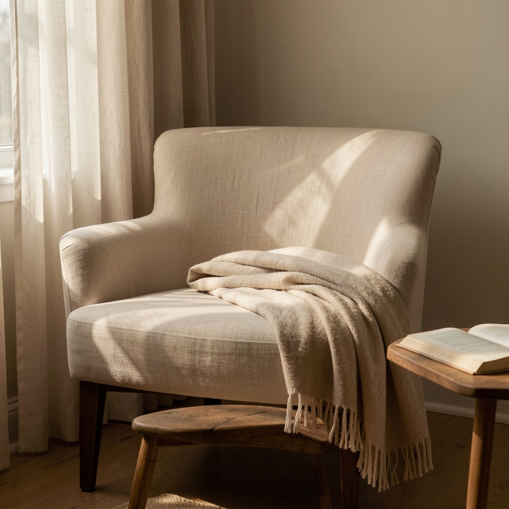 Quiet room with a linen chair, folded blanket, open book and indirect afternoon light through curtains