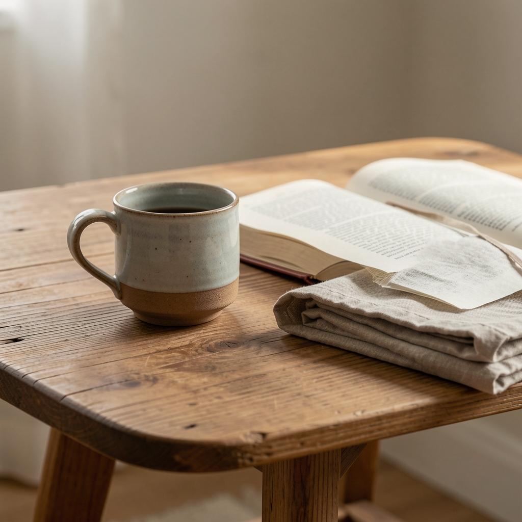 Ceramic cup, open book and folded cloth arranged on a low wooden table