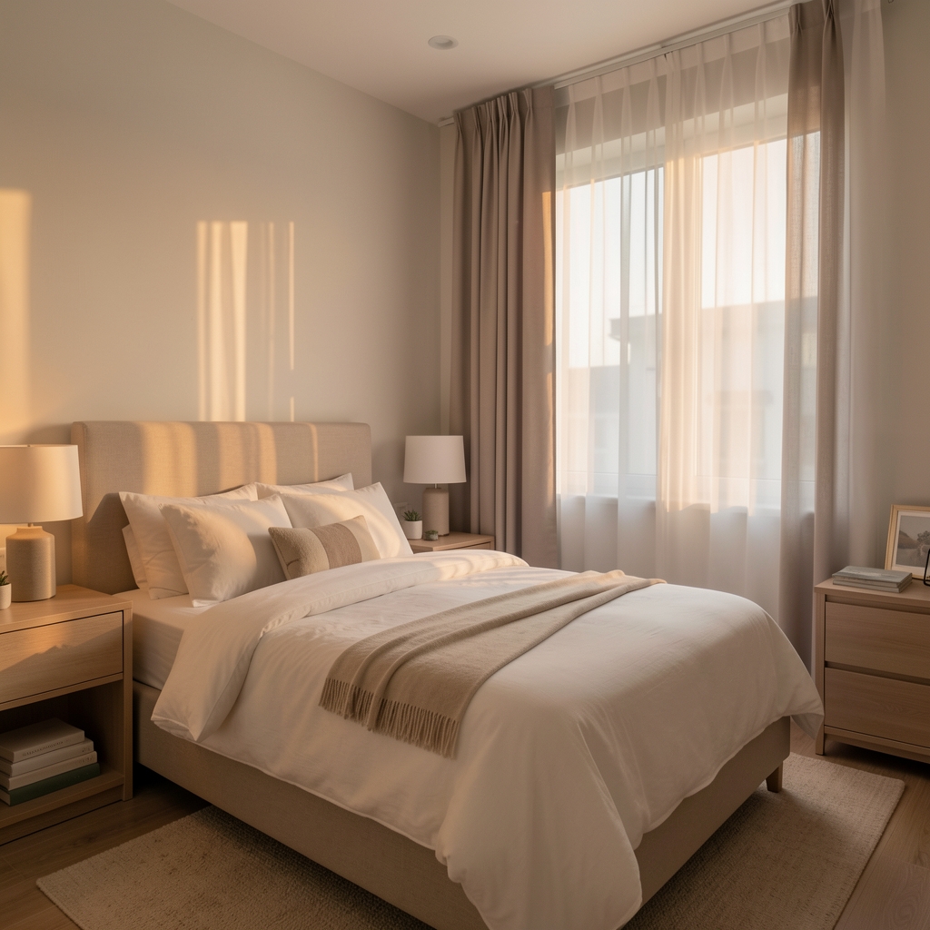 Soft evening light across a tidy bedroom with curtains partly closed