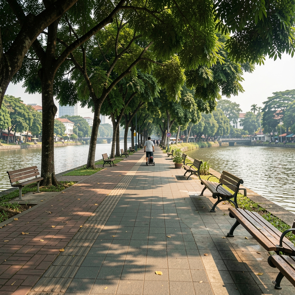 Quiet riverside walking route in Jakarta with shaded pavement, benches and an adult walker in the distance