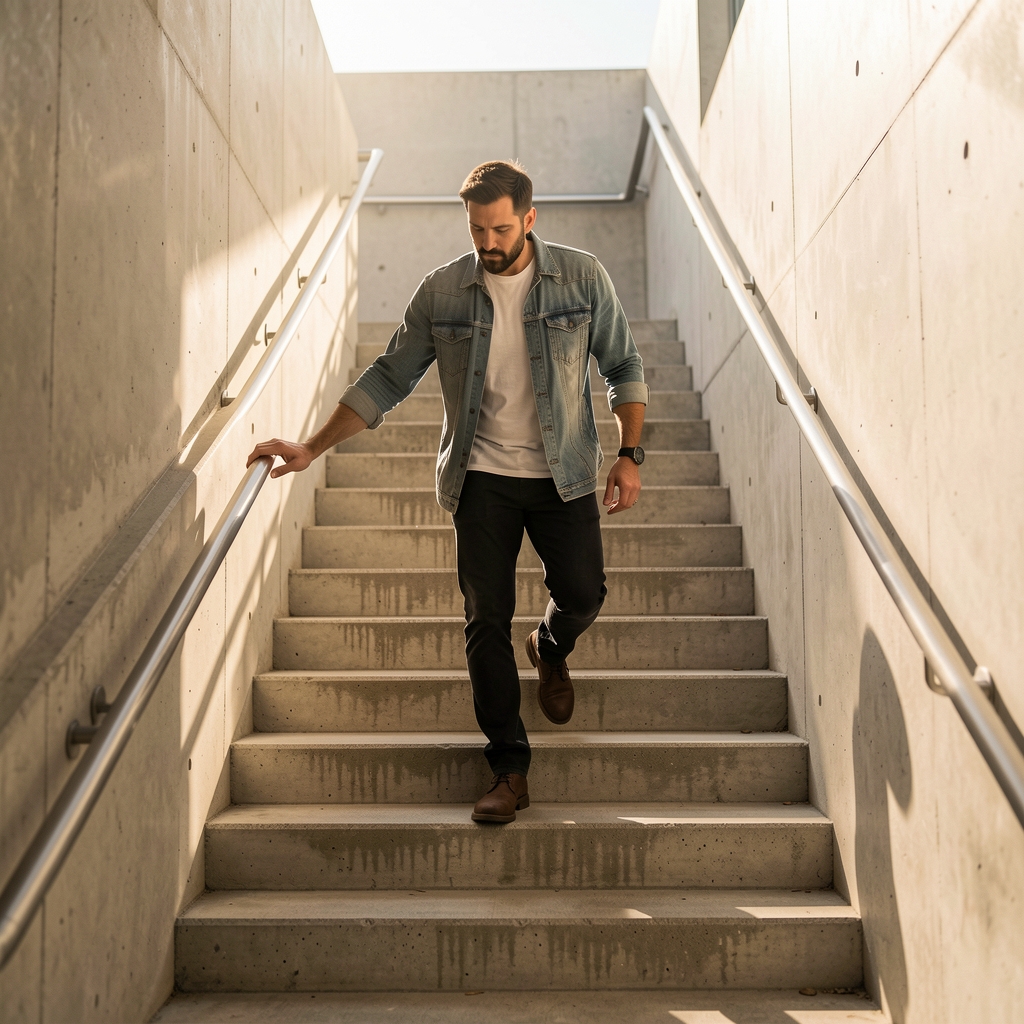 Man climbing a concrete staircase with one hand lightly on the rail and sunlight across the steps